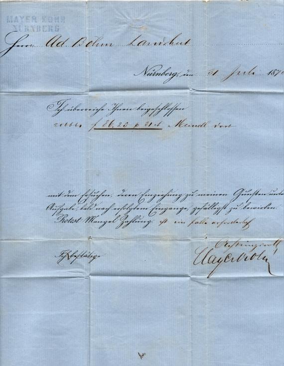 Geschäftsbrief - Mayer Kohn Business letter of the company " Mayer Kohn " in Nuremberg - sent on July 31, 1870 - letter - inside - text