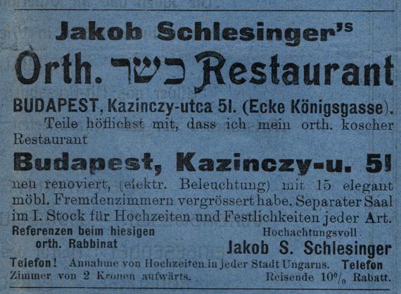 Werbeanzeige  "Jakob Schlesinger, Orthodox. Koscher Restaurant ", Budapest - in der   Ungarländischen Jüdischen Zeitung Nr. 22 - 1912