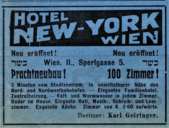 Werbeanzeige - Hotel New York Advertisement - Hotel New York - Vienna, Kleine Sperlgasse 5 - in the Hungarian Jewish Newspaper No. 22 - 1912 on the inner cover page