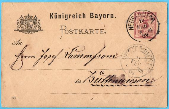 Postkarte geschäftlicher Art an Herrn "Josef Lammfromm " in Buttenhausen, - versandt von den Gebrüder Stahl aus Neustadt an der Aisch am 10. Februar 1889