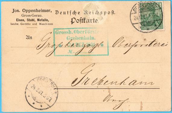 Geschäftspostkarte von " Josef Oppenheimer, Gross-Gerau, Eisen, Stahl, Metalle, landw. Geräte und Maschinen " - versandt am 24. Dezember 1901 