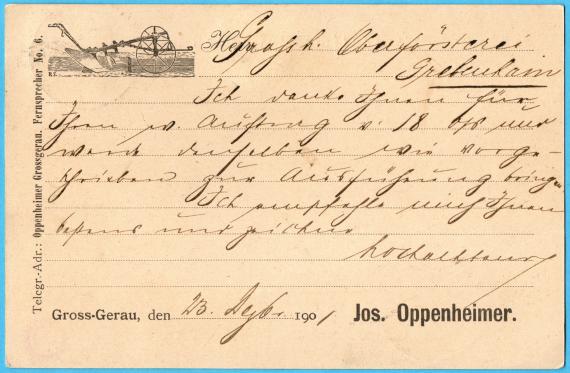 Business postcard from " Josef Oppenheimer, Gross-Gerau, iron, steel, metals, agricultural equipment and machinery " - mailed December 24, 1901 - back of card