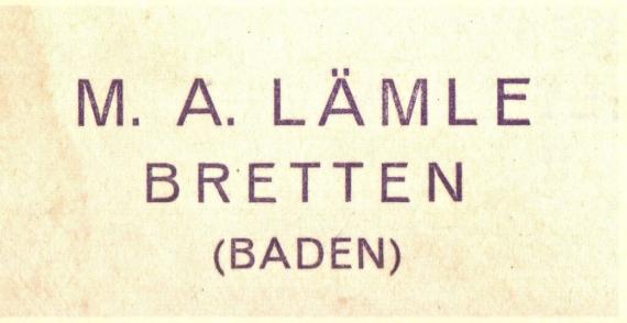 Geschäftspostkarte von " M. A. Laemle, Bretten (Baden) " - versandt am 19.  Juli 1913  - Ausschnittvergrößerung - Firmennamen