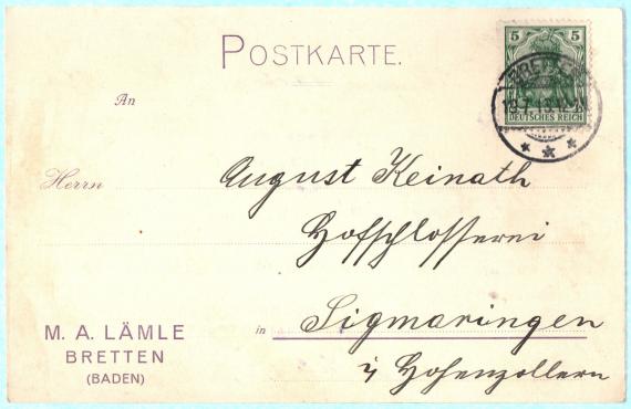 Geschäftspostkarte von " M. A. Laemle, Bretten (Baden) " - versandt am 19.  Juli 1913  