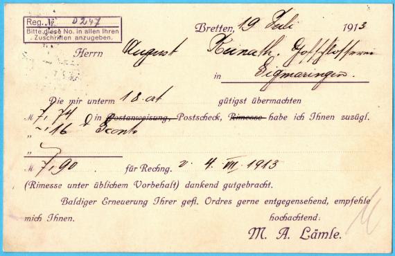 Business postcard from " M. A. Laemle, Bretten (Baden) " - mailed July 19, 1913 - back of card