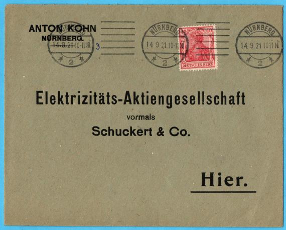 Briefumschlag - Anton Kohn Envelope " Anton Kohn Nürnberg " - Elektrizitäts-Aktiengesellschaft vormals Schuckert & Co. - mailed September 14, 1921
