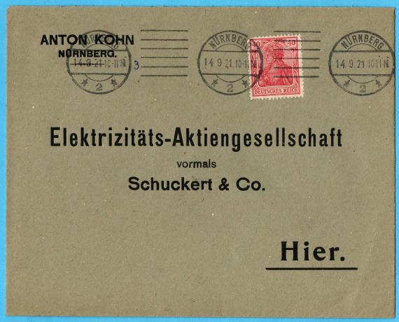 Envelope " Anton Kohn Nürnberg " - Elektrizitäts-Aktiengesellschaft vormals Schuckert & Co. - mailed September 14, 1921