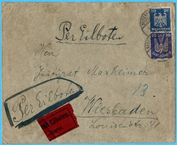 Envelope addressed to "Justizrat Maxheimer, Wiesbaden, Luisenstraße 41 " - sent on December 4, 1924 - the address contains a spelling mistake - must read " Marxheimer ".