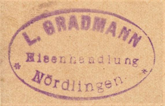 Postkarte der " Eisenhandlung Leopold Gradmann, Nördlingen " - versandt am 4. Juni 1909 - Ausschnittvergrößerung Geschäftsstempel