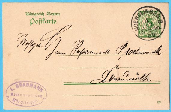 Postkarte der " Eisenhandlung Leopold Gradmann, Nördlingen " - versandt am 4. Juni 1909 