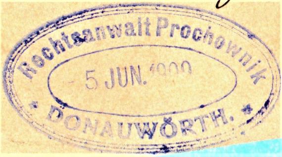 Postkarte - Julius Prochownik Postcard of business nature to " Wohlgeb. Herrn Rechtsanwalt Prochownik, Donauwörth " - sent on June 4, 1909 - detail enlargement of the office stamp