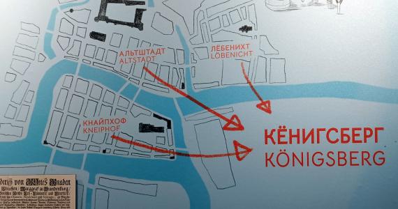 Detail wall graphic showing how three cities are united into one city Königsberg. Light blue background with inscriptions and arrows in red. Cut of replica of historical document.