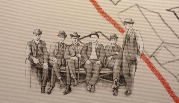 A group of men with hats on a bench, graphic illustration.