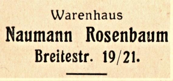 Geschäftspostkarte vom " Warenhaus Naumann Rosenbaum " , Breite Straße 19 / 21, Stettin - versandt am 17. Januar 1922 - Ausschnittvergrößerung Geschäftsadresse