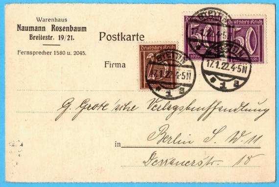 Postkarte - Naumann Rosenbaum Business postcard from " Warenhaus Naumann Rosenbaum " , Breite Straße 19 / 21, Stettin - mailed on January 17, 1922