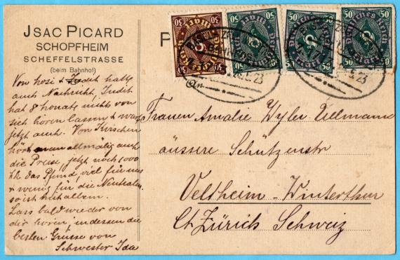 Postkarte privater Art von " Isac Picard, Schopfheim, Scheffelstrasse " - versandt am 26. Mai 1923  