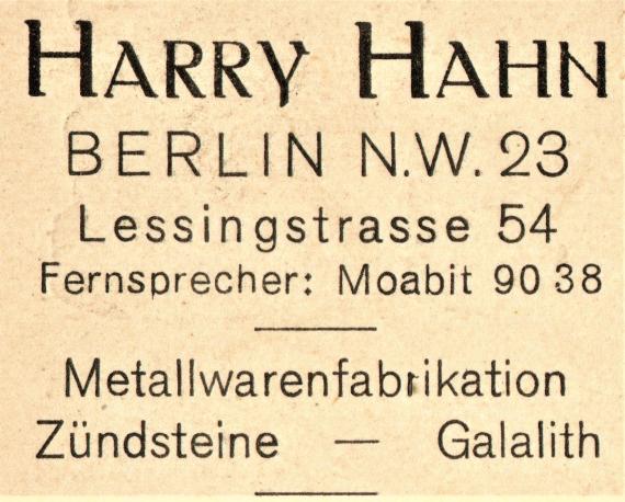 Business postcard " Harry Hahn, Berlin N.W.23, Lessingstrasse 54 - Metallwarenfabrikation - Zündsteine - Galalith " - mailed on November 30, 1923 - detail enlargement company address