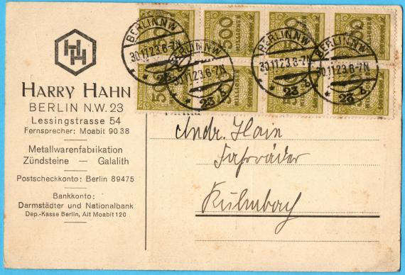 Business postcard " Harry Hahn, Berlin N.W.23, Lessingstrasse 54 - Metallwarenfabrikation - Zündsteine - Galalith " - mailed November 30, 1923