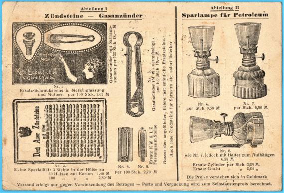 Geschäftspostkarte " Harry Hahn, Berlin N.W.23, Lessingstrasse 54 - Metallwarenfabrikation - Zündsteine - Galalith " - versandt am 30. November 1923  -  Kartenrückseite