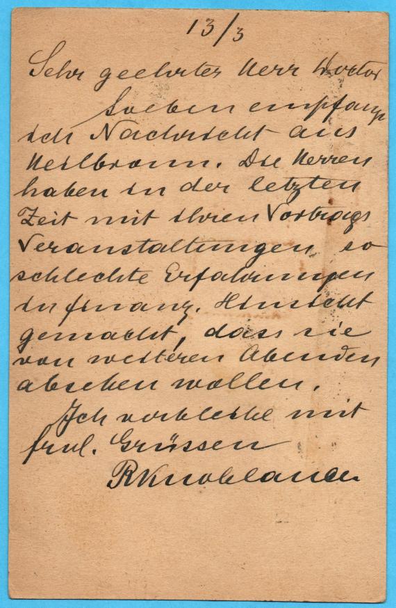 Postkarte geschäftlicher Art an Herrn Dr. Julius Bab, Berlin, Potsdamerstraße 68 - versandt am 13. Januar 1923 - Kartenrückseite