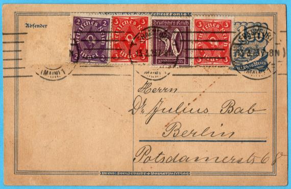 Postcard of a business nature to Dr. Julius Bab, Berlin, Potsdamerstrasse 68 - mailed January 13, 1923