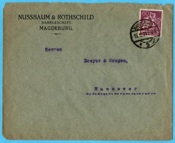 Envelope " Nussbaum & Rothschild, Bankgeschäft, Magdeburg " - mailed December 15, 1921