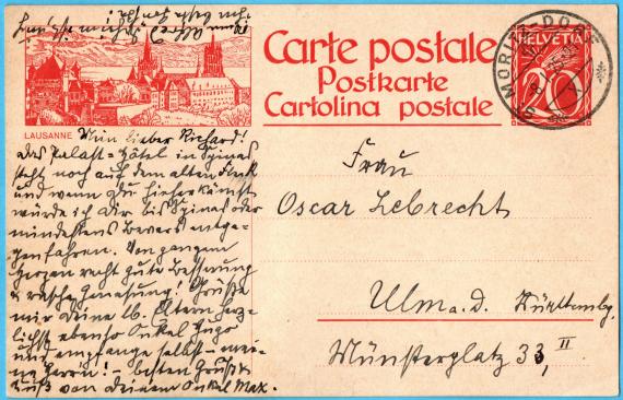 Postkarte persönlicher Art an Frau Oscar Lebrecht, Ulm a. D. , Württemberg, Münsterplatz 33, II - versandt am 8. Januar 1925