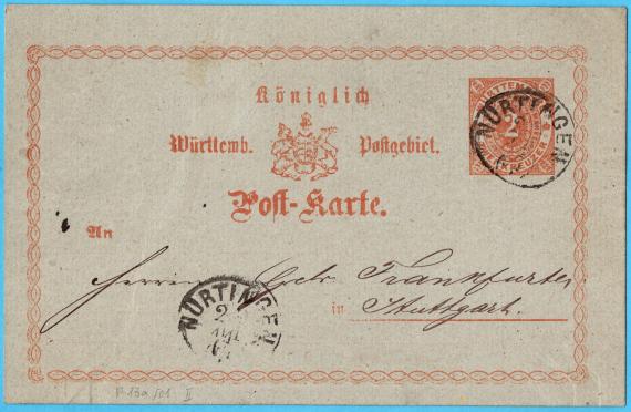 Postkarte geschäftlicher Art an " Herrn Gebrüder Frankfurter, Stuttgart " - versandt am 27. November 1873 (1874)