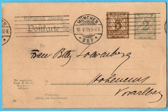Postkarte - Betty Löwenberg Postcard with attached reply card - To " Mrs. Betty Loewenberg, Hohenems, Vorarlberg " - mailed from Munich on May 16, 1909