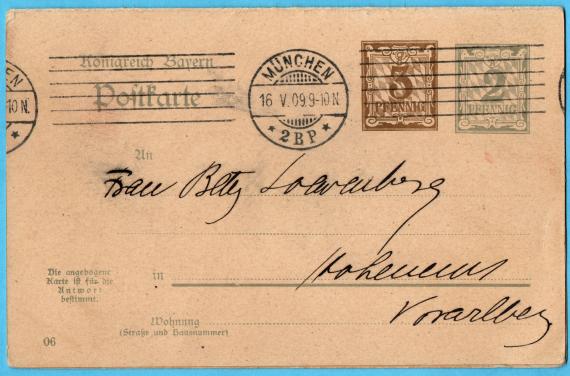 Postkarte mit angehängter Antwortkarte  - An " Frau Betty Loewenberg, Hohenems, Vorarlberg " - versandt von München am 16. Mai 1909