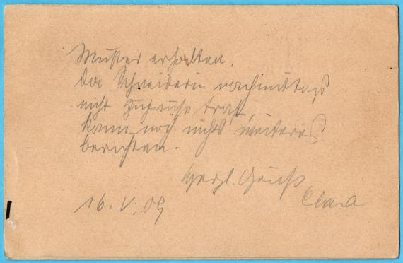 Postkarte - Betty Loewenberg Postcard with attached reply card - To " Mrs. Betty Loewenberg, Hohenems, Vorarlberg " - mailed from Munich on May 16, 1909 - back of card