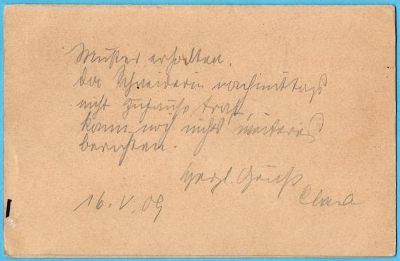 Postkarte mit angehängter Antwortkarte  - An " Frau Betty Loewenberg, Hohenems, Vorarlberg " - versandt von München am 16. Mai 1909 - Kartenrückseite