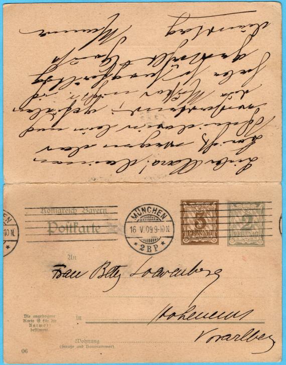 Postkarte - Betty Loewenberg Postcard with attached reply card - To " Mrs. Betty Loewenberg, Hohenems, Vorarlberg " - mailed from Munich on May 16, 1909