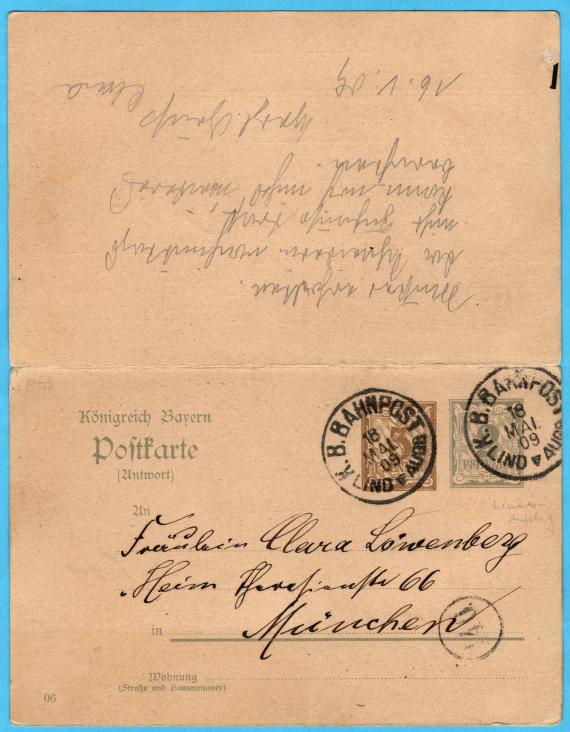 Postkarte mit angehängter Antwortkarte  - An " Fräulein Clara Löwenberg, Heim Theresienstraße 66, München " - versandt aus Hohenems - Postaufgabe (Einwurf) Lindau - Königlich bayerische Bahnpost - Lindau - Augsburg - 18. Mai 1909