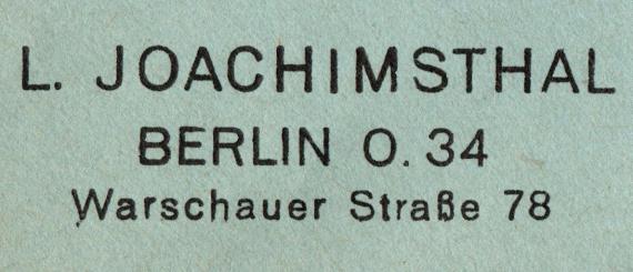 Briefumschlag " L. Joachimsthal, Berlin O 34 Warschauerstraße 78 " - versandt am 8. September 1933 - Ausschnittvergrößerung Adresse