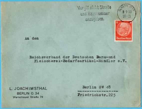 Envelope " L. Joachimsthal, Berlin O 34 Warschauerstraße 78 " - mailed on September 8, 1933