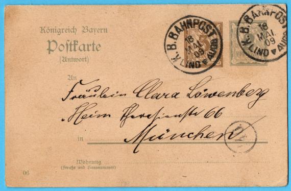 Postkarte mit angehängter Antwortkarte - Postkarte (Antwort) - An " Fräulein Clara Löwenberg, Heim Theresienstraße 66, München " - versandt aus Hohenems - Postaufgabe - Lindau - mit der Königlich Bayerischen Bahnpost - Lindau - Augsburg - am 18. Mai 1909