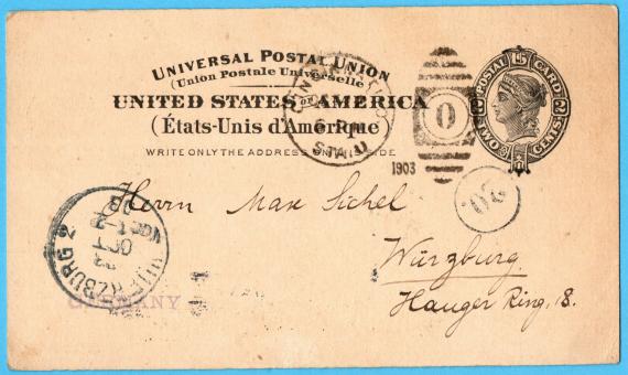 Postkarte an Herrn Max Sichel, Würzburg, Hauger Ring 8, - versandt von G. Deutsch, Cincinnati, Ohio, USA am 12. Oktober 1903