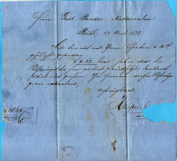 Business letter of the company " H. Massenbach & Co " of Bühl - sent on December 27, 1873 - letter text - inside page