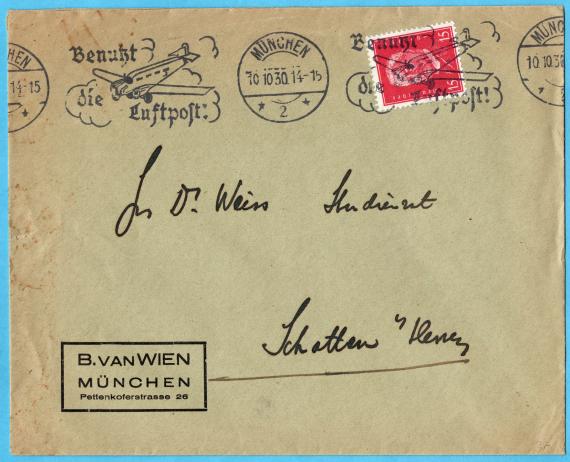 Briefumschlag - B. van Wien Envelope - " B. van Wien, Munich, Pettenkoferstraße 26 " - mailed on October 10, 1930