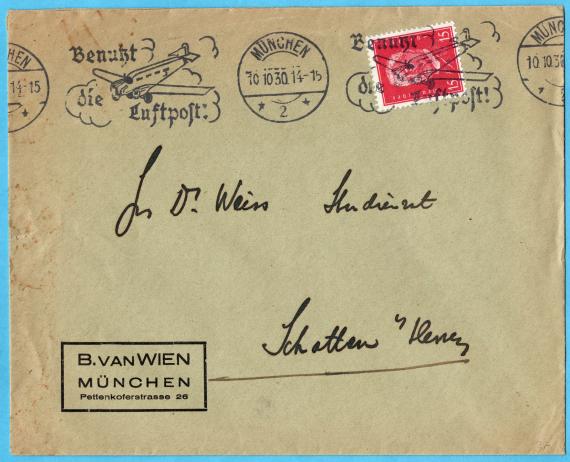 Envelope - " B. van Wien, Munich, Pettenkoferstraße 26 " - mailed on October 10, 1930