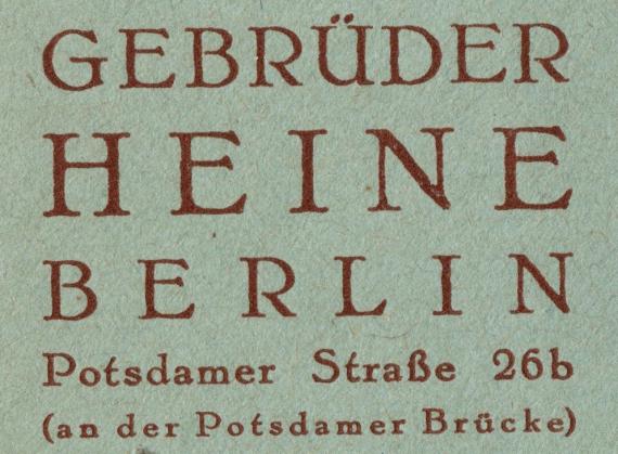 Briefumschlag " Gebrüder Heine - Berlin - Potsdamer Sraße 26 b " - versandt am 12. März 1935 - Ausschnittvergrößerung Firmenname- und Adresse