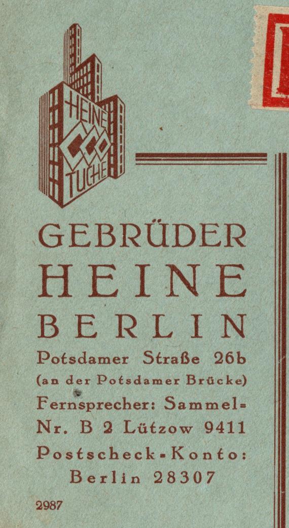 Briefumschlag " Gebrüder Heine - Berlin - Potsdamer Sraße 26 b " - versandt am 12. März 1935 - Ausschnittvergrößerung Firmenlogo mit Anschrift