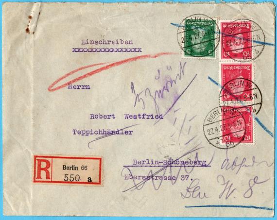 Envelope - addressed to Mr. " Robert Westfried, Teppichhändler " , Berlin-Schöneberg, Ebersstraße 37, - mailed on April 27, 1927