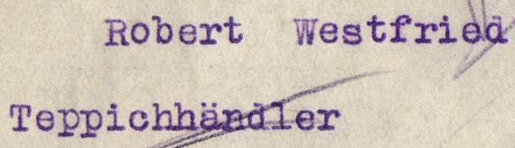 Briefumschlag - adressiert an Herrn " Robert Westfried, Teppichhändler " , Berlin-Schöneberg, Ebersstraße 37, - versandt am 27. April 1927 - Ausschnittvergrößerung - Teil der Anschrift