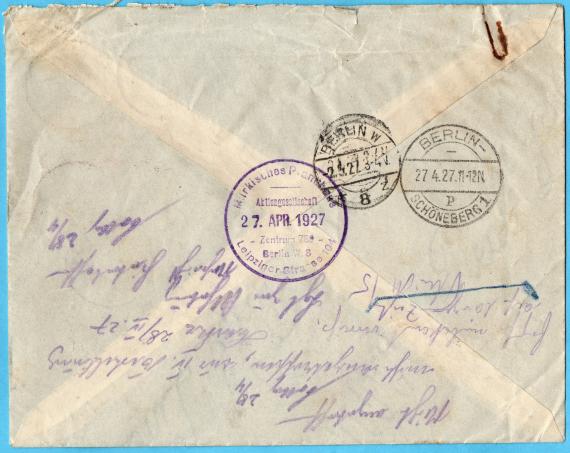 Envelope - addressed to Mr. " Robert Westfried, Teppichhändler " , Berlin-Schöneberg, Ebersstraße 37, - mailed on April 27, 1927 - envelope - back side