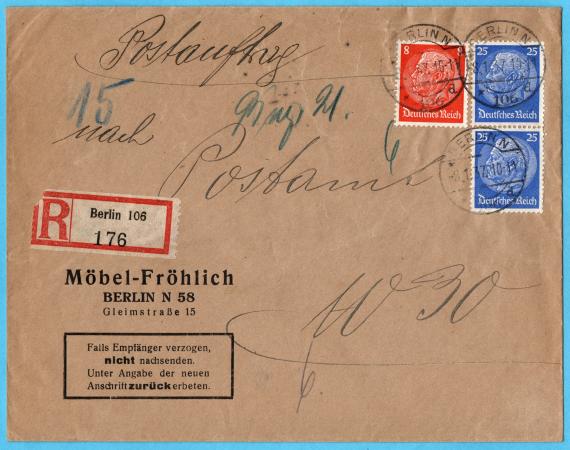 Briefumschlag " Möbel - Fröhlich ", Berlin N 58 , Gleimstraße 15  - versandt am 8. Januar 1937  