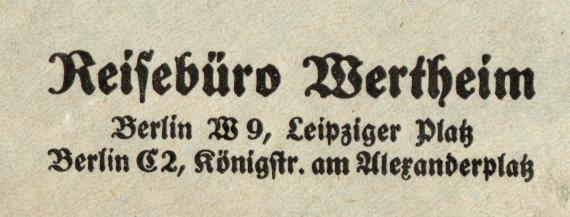 Briefumschlag " Reisebüro Wertheim, Berlin W 9, Leipziger Platz - Berlin C 2, Königstr. am Alexanderplatz " - versandt am 8. Mai 1926  - Ausschnittvergrößerung Geschäftsadresse