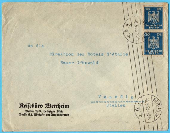 Envelope " Reisebüro Wertheim, Berlin W 9, Leipziger Platz - Berlin C 2, Königstr. am Alexanderplatz " - mailed May 8, 1926