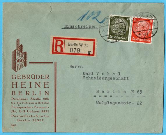 Briefumschlag " Gebrüder Heine - Berlin - Potsdamer Sraße 26 b " - versandt am 12. März 1935 